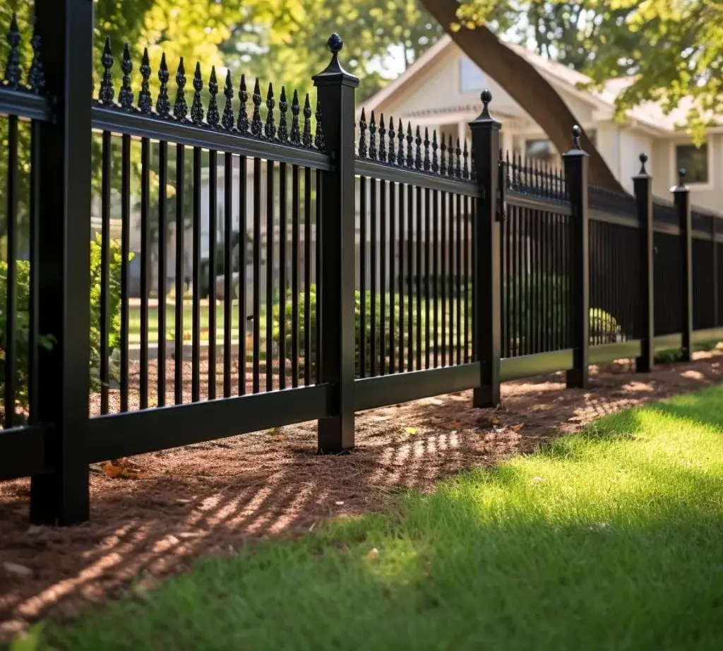 Modern black metal fence along the front of a Valdosta home