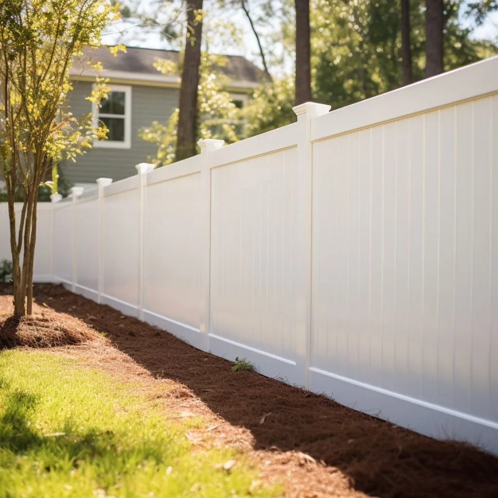 Modern white vinyl fence with a walk gate on a residential Valdosta lot